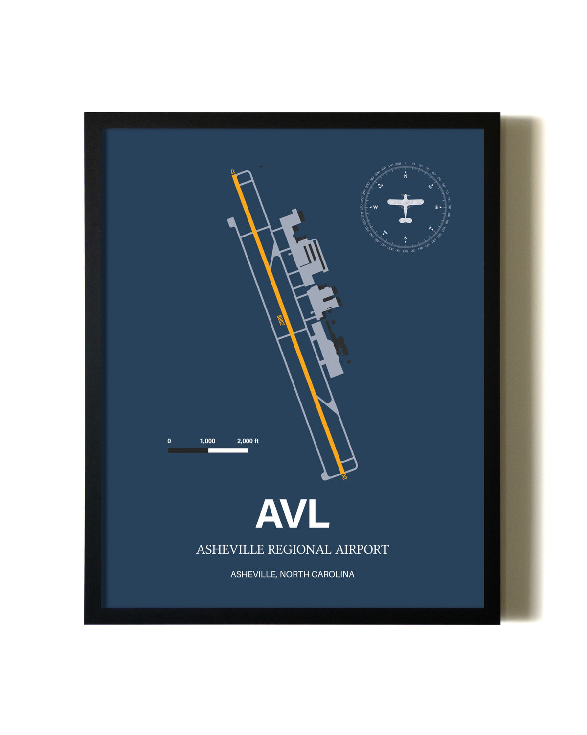 Blue and Yellow Framed Asheville Regional Airport wall art poster in black frame