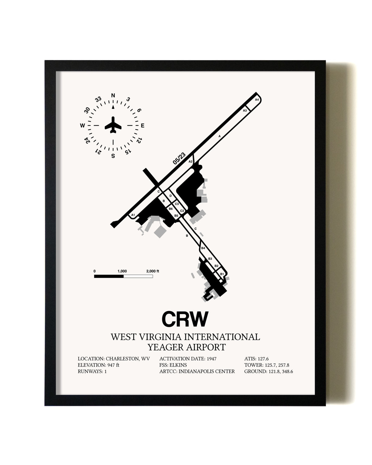 Framed West Virginia International Yeager Airport wall art poster in black frame
