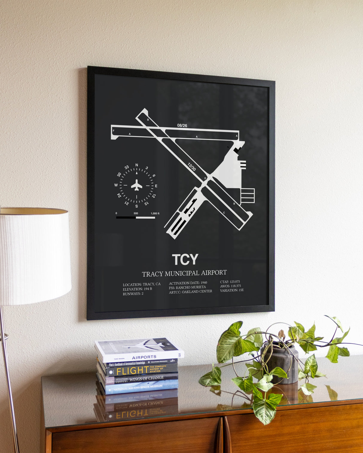 Gray Framed Tracy Municipal Airport wall art poster in black frame