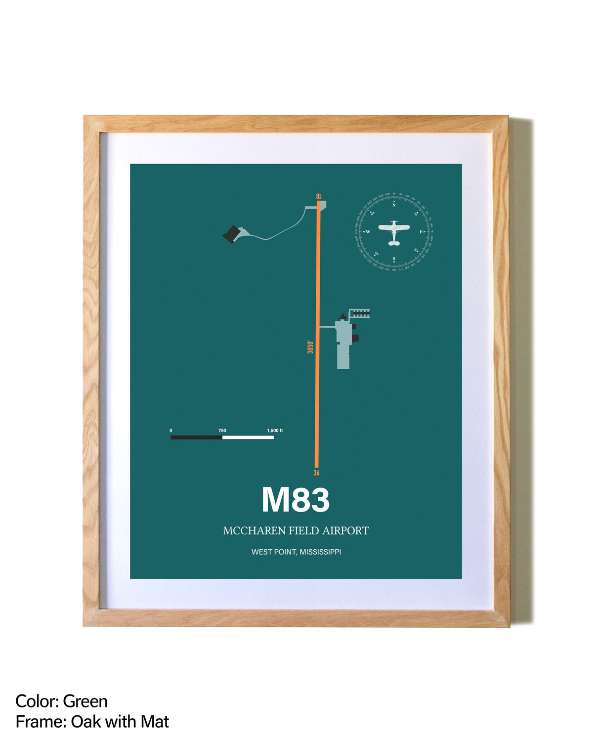 McCharen Field Airport airport map poster in oak frame with mat