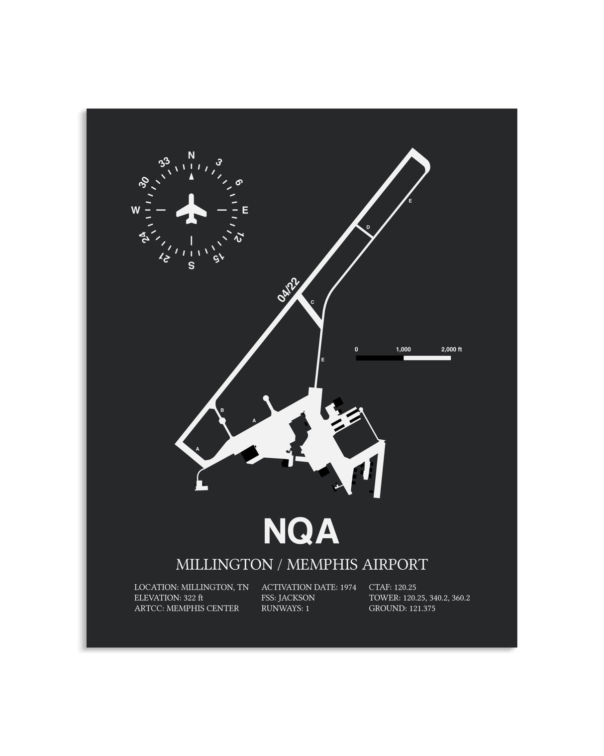 Gray Framed Millington / Memphis Airport layout wall art poster