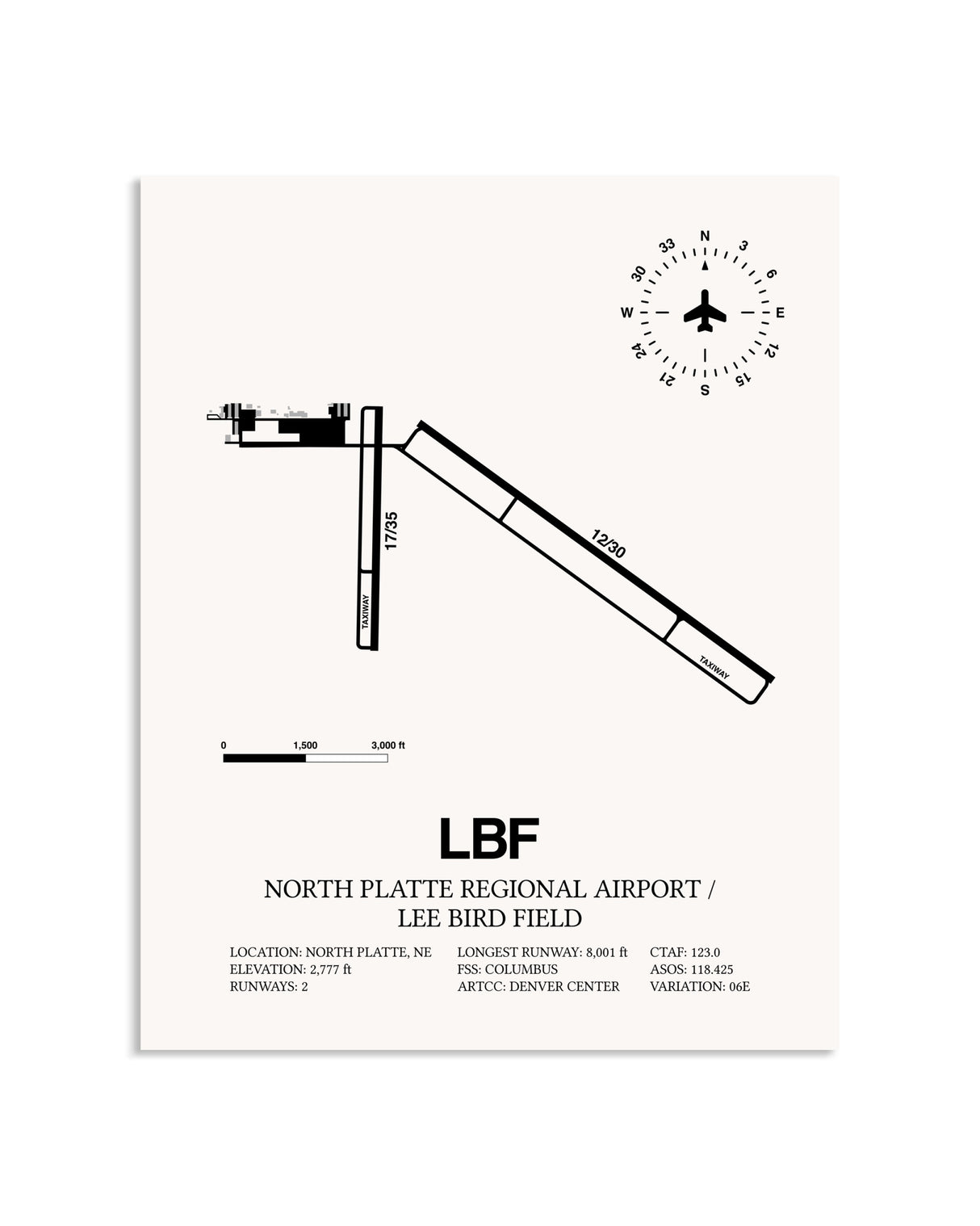 Gray North Platte Regional Airport / Lee Bird Field framed poster displayed in an airplane hangar