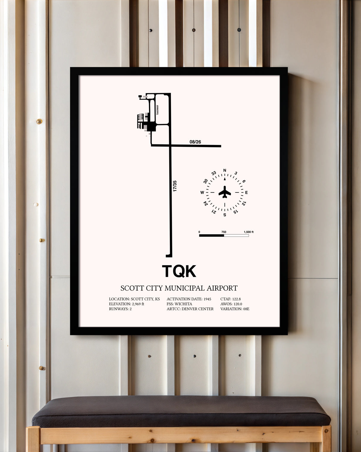 Scott City Municipal Airport framed poster displayed in an airplane hangar
