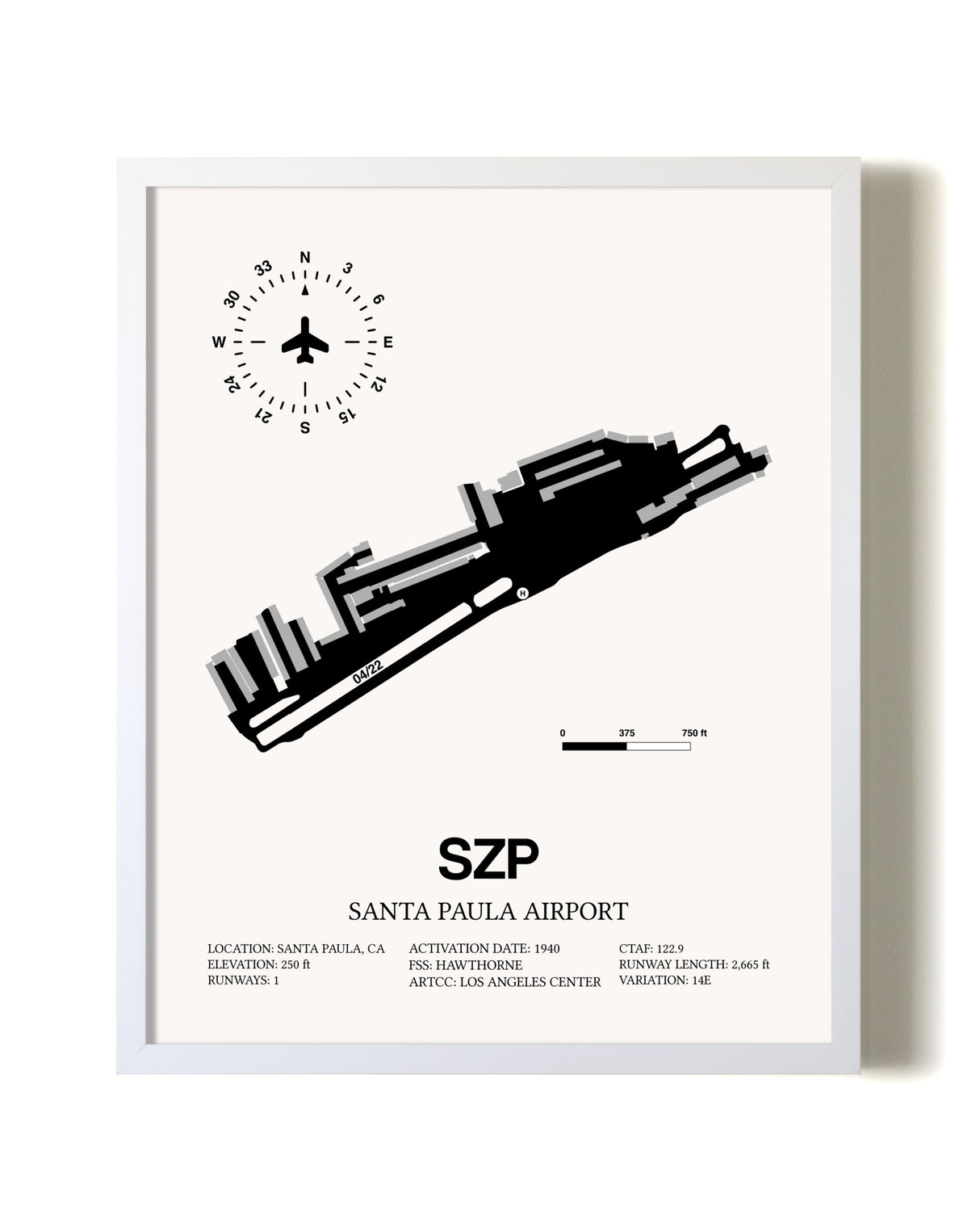 Santa Paula Airport airport map poster in oak frame