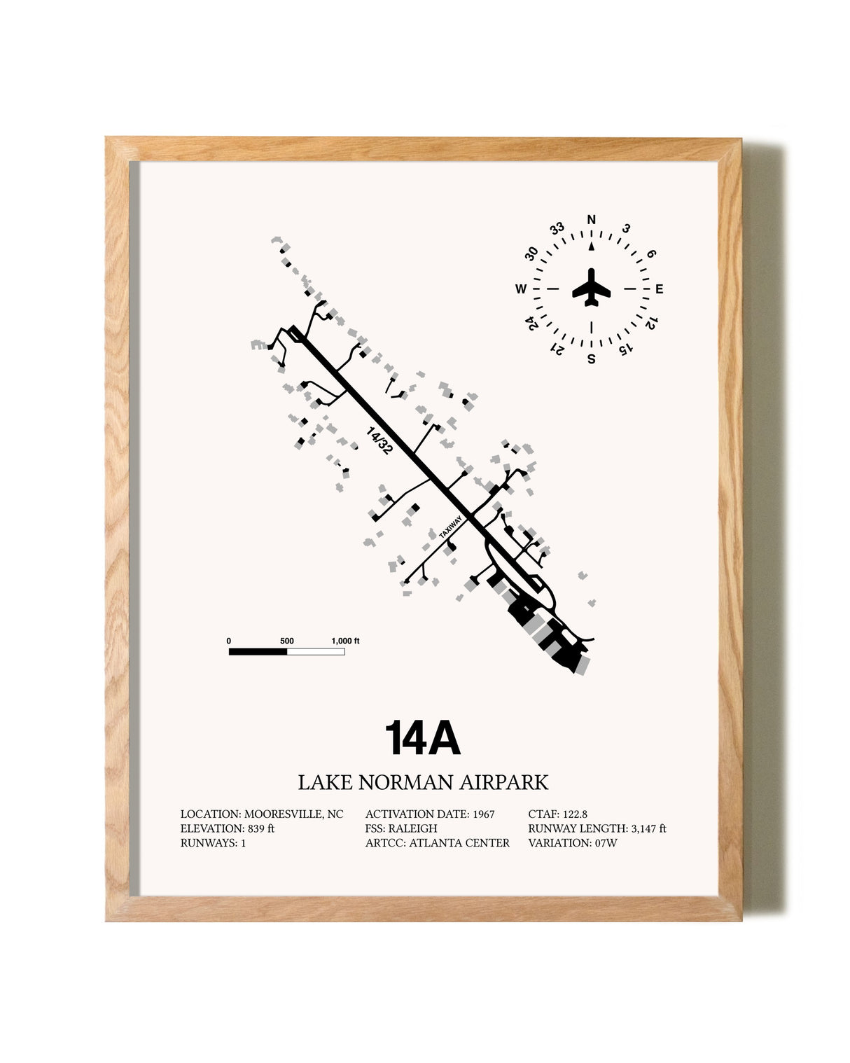Lake Norman Airpark framed print in natural wood frame