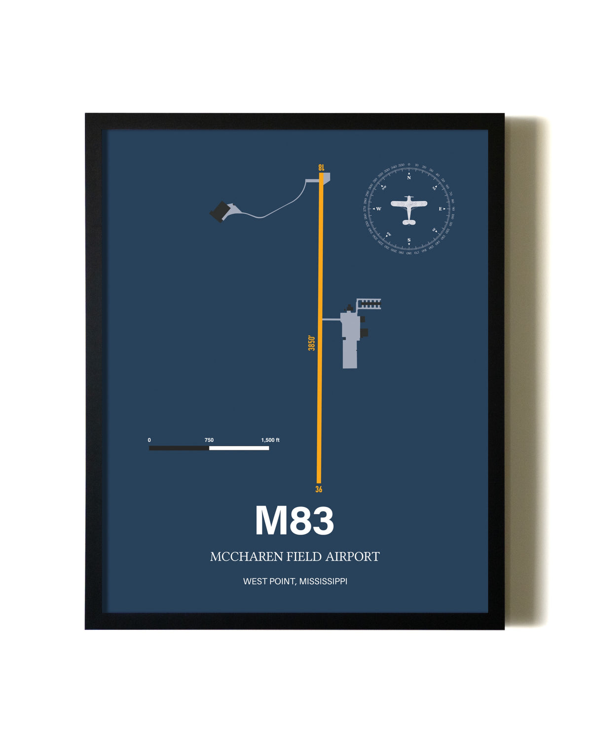 Blue and Yellow Framed McCharen Field Airport wall art poster in black frame