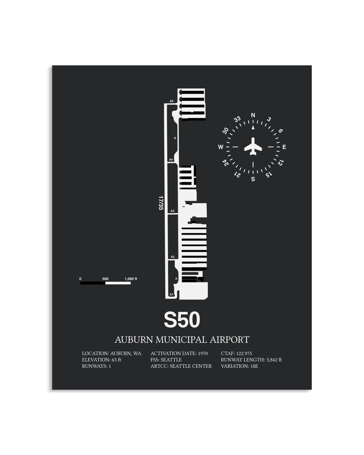 Gray Framed Auburn Municipal Airport layout wall art poster