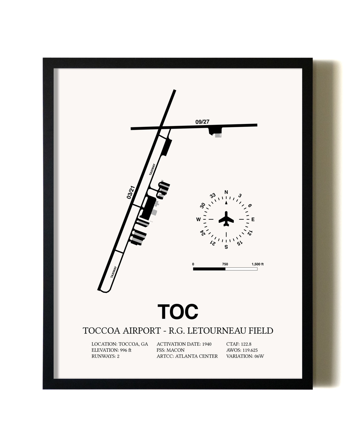 Framed Toccoa Airport - R.G. Letourneau Field wall art poster in black frame