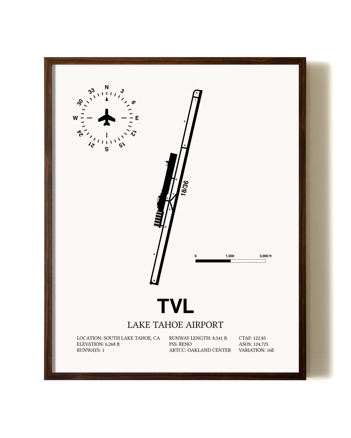 Lake Tahoe Airport aviation print in walnut frame