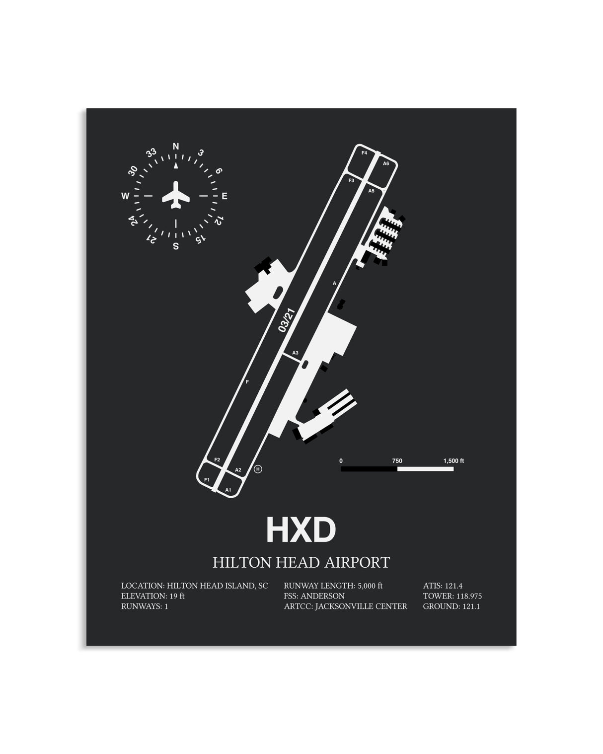 Gray Framed Hilton Head Airport layout wall art poster