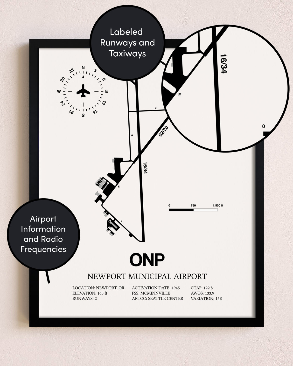 Framed Newport Municipal Airport layout wall art poster