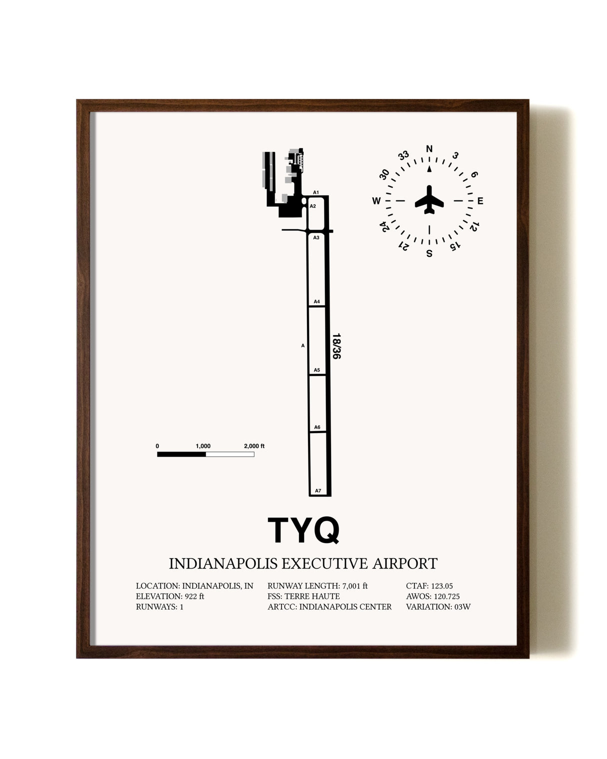 Indianapolis Executive Airport aviation print in walnut frame