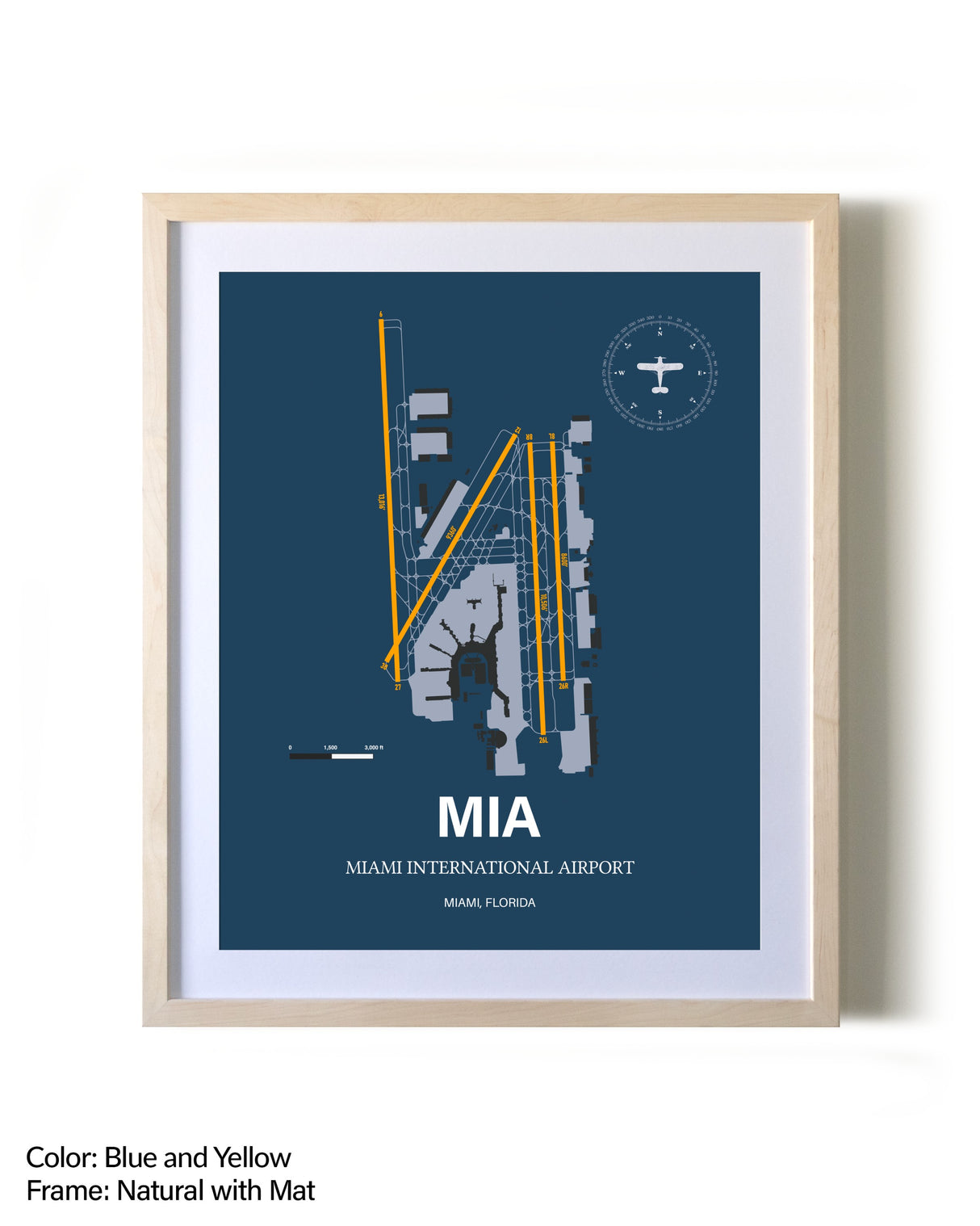 Miami International Airport framed print in natural wood frame with mat