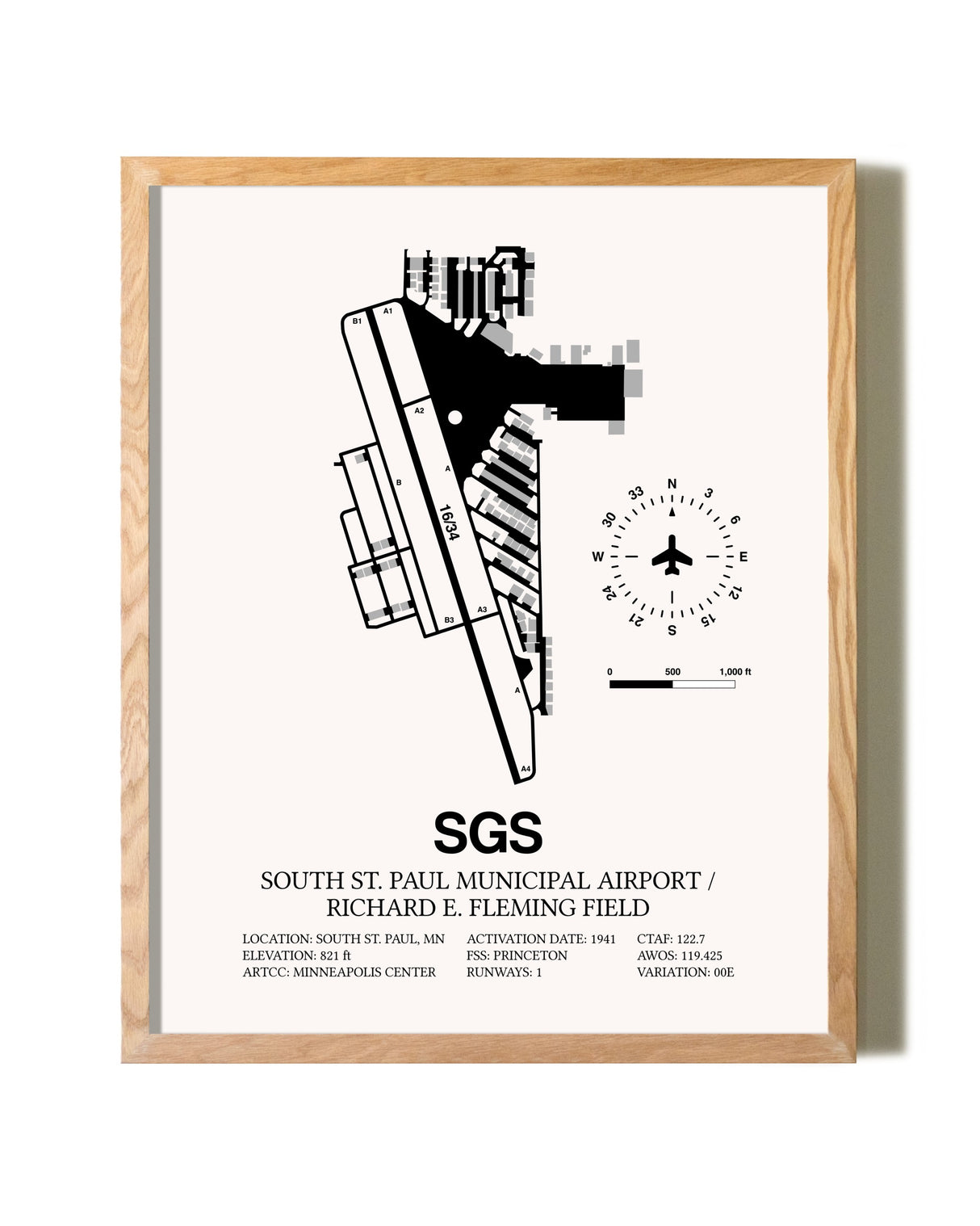 South St. Paul Municipal Airport / Richard E. Fleming Field framed print in natural wood frame