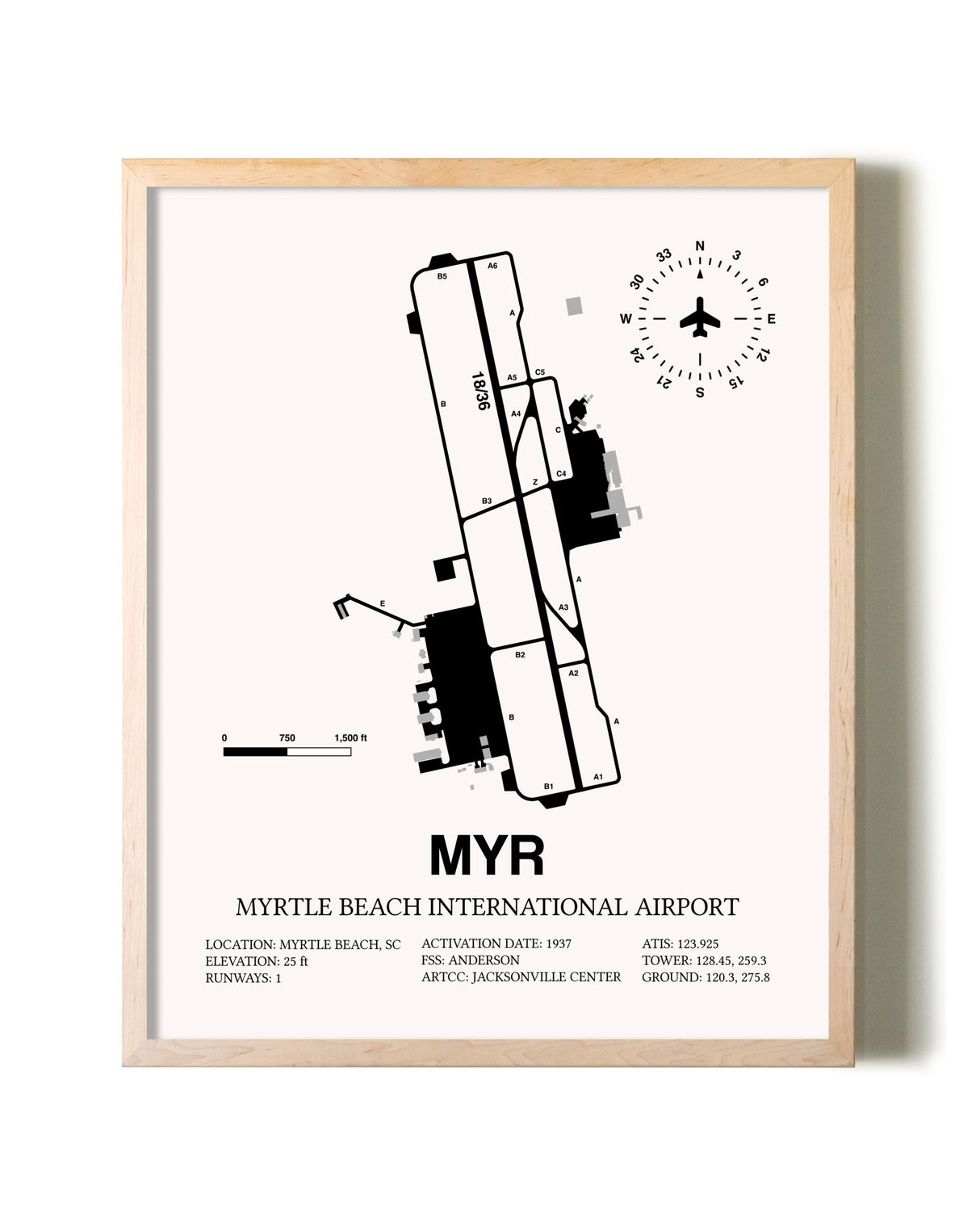 Myrtle Beach International Airport framed wall art in white frame