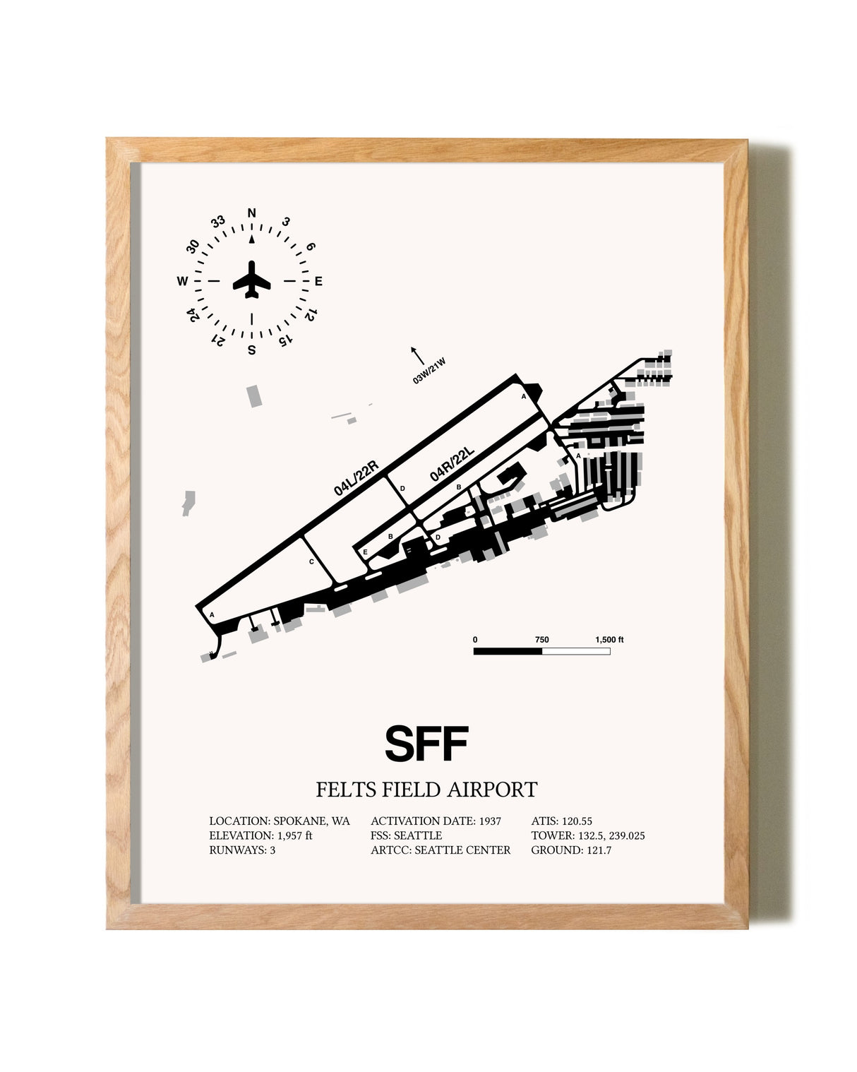 Felts Field Airport framed print in natural wood frame