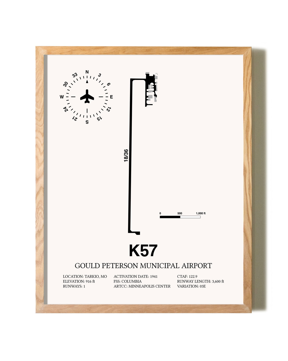 Gould Peterson Municipal Airport framed print in natural wood frame