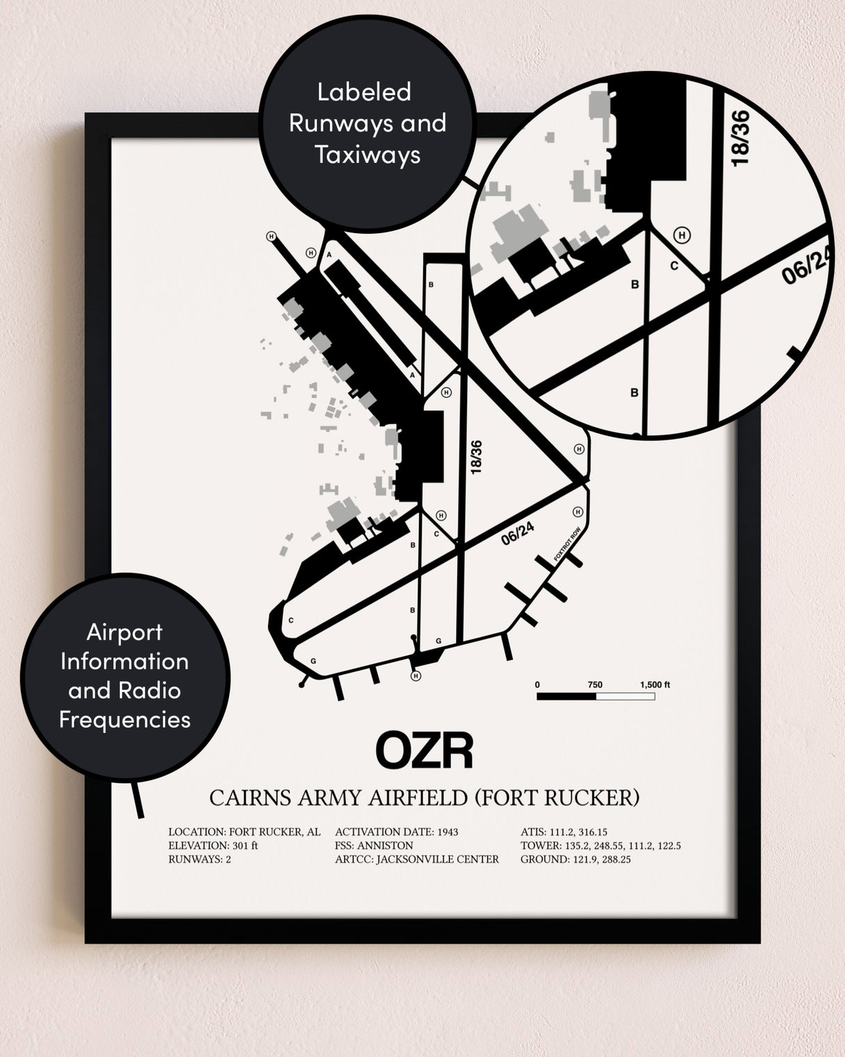 Framed Cairns Army Airfield (Fort Rucker) layout wall art poster