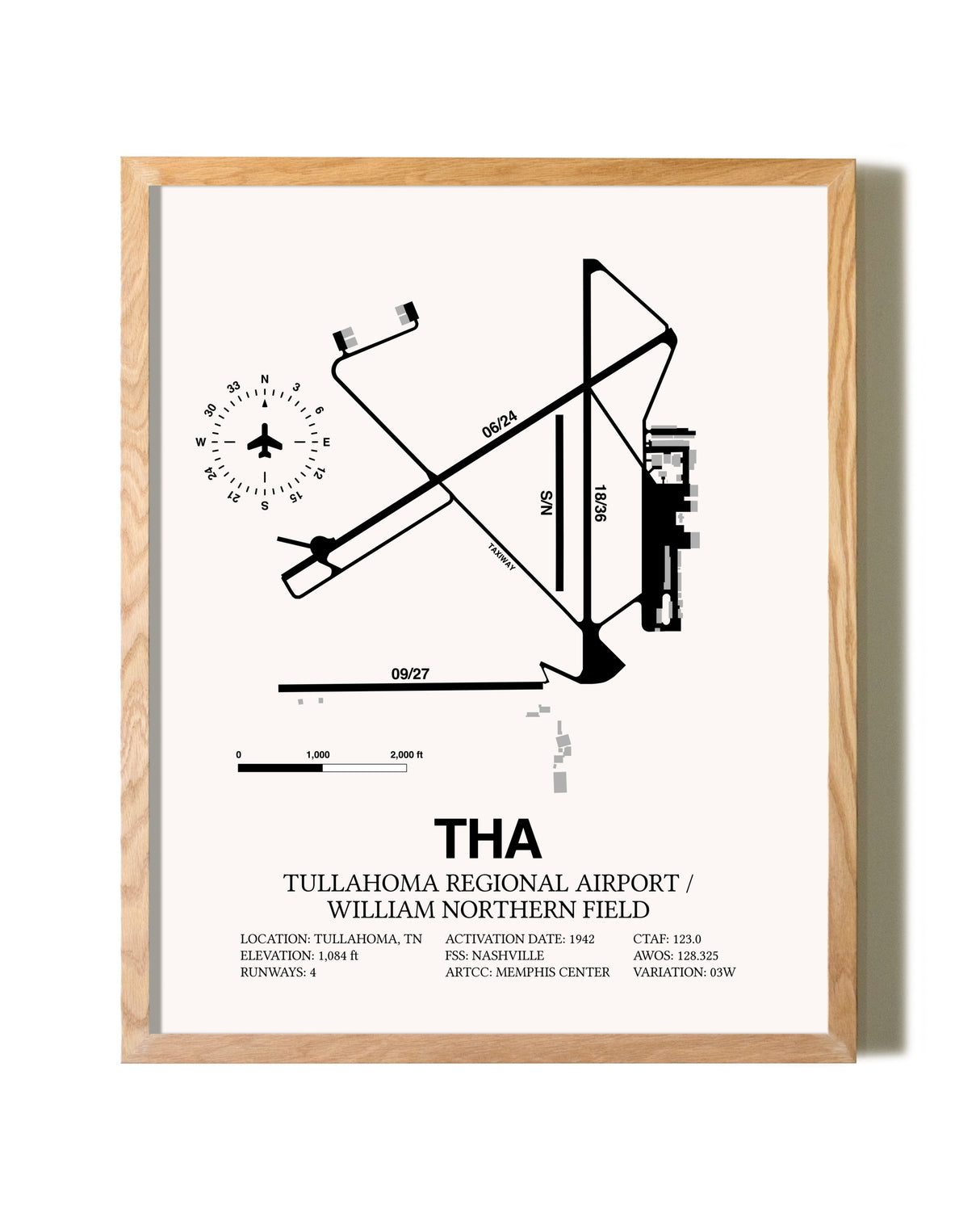 Tullahoma Regional Airport / William Northern Field framed print in natural wood frame