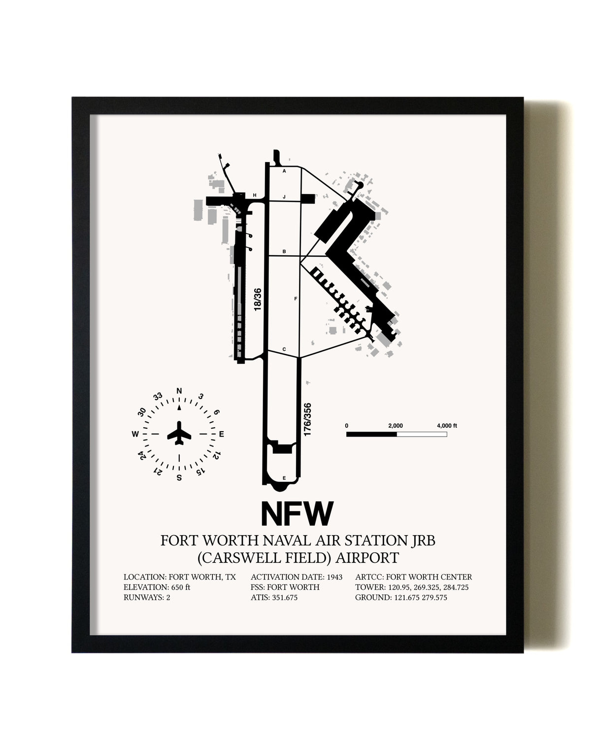 Framed Fort Worth Naval Air Station JRB (Carswell Field) Airport wall art poster in black frame