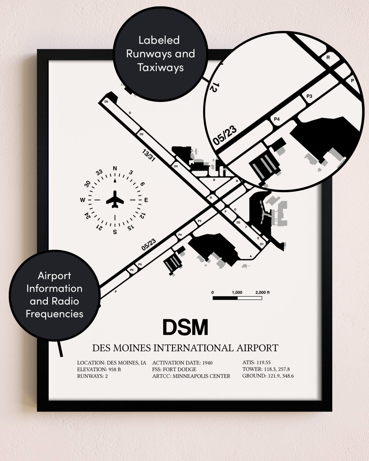 Framed Des Moines International Airport layout wall art poster