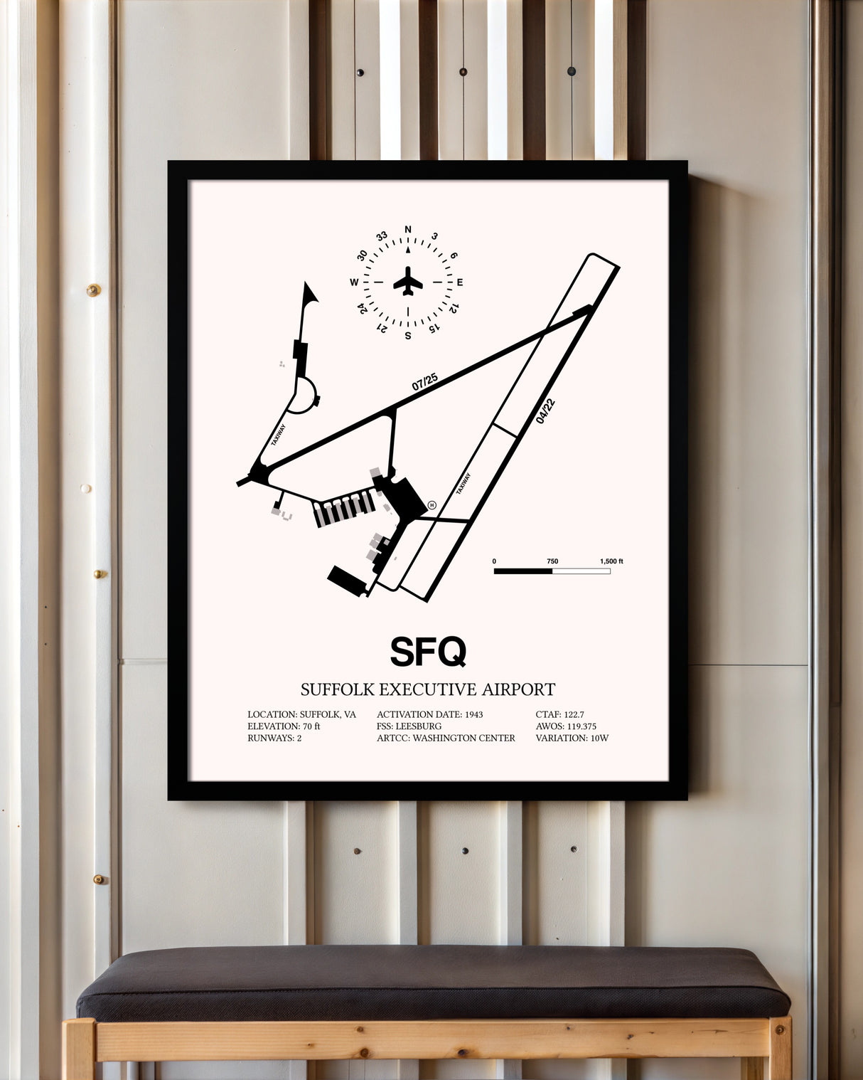 Suffolk Executive Airport framed poster displayed in an airplane hangar