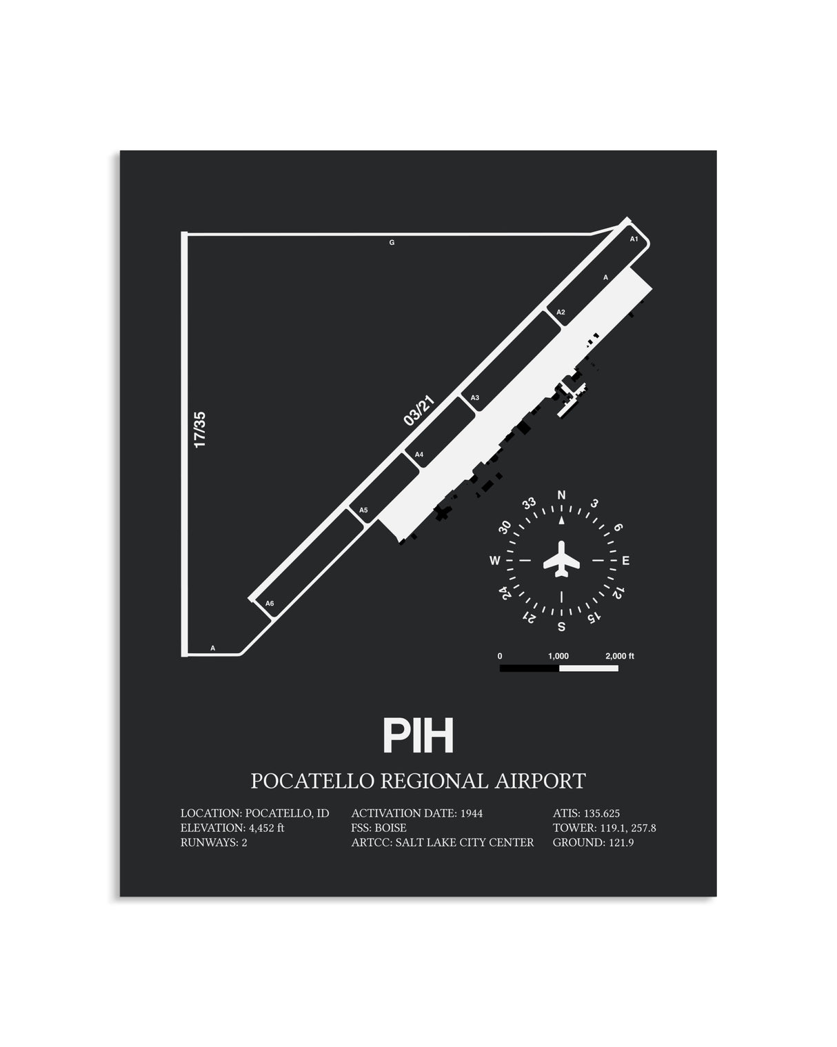 Gray Framed Pocatello Regional Airport layout wall art poster