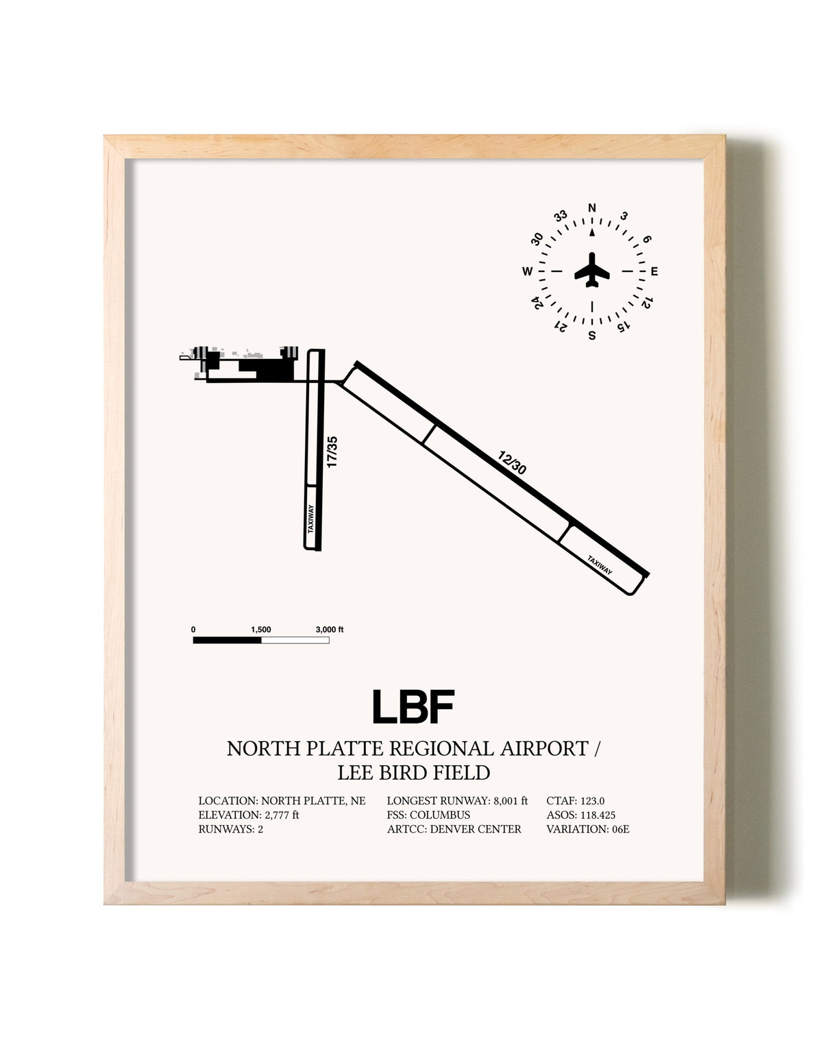 North Platte Regional Airport / Lee Bird Field framed wall art in white frame