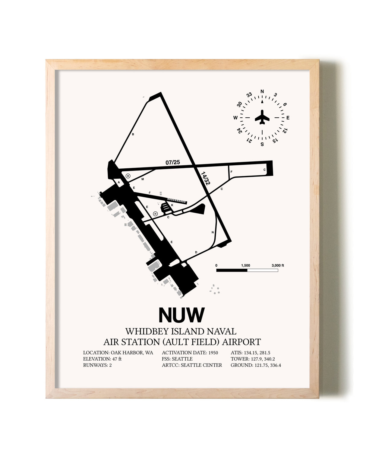 Whidbey Island Naval Air Station (Ault Field) Airport framed wall art in white frame