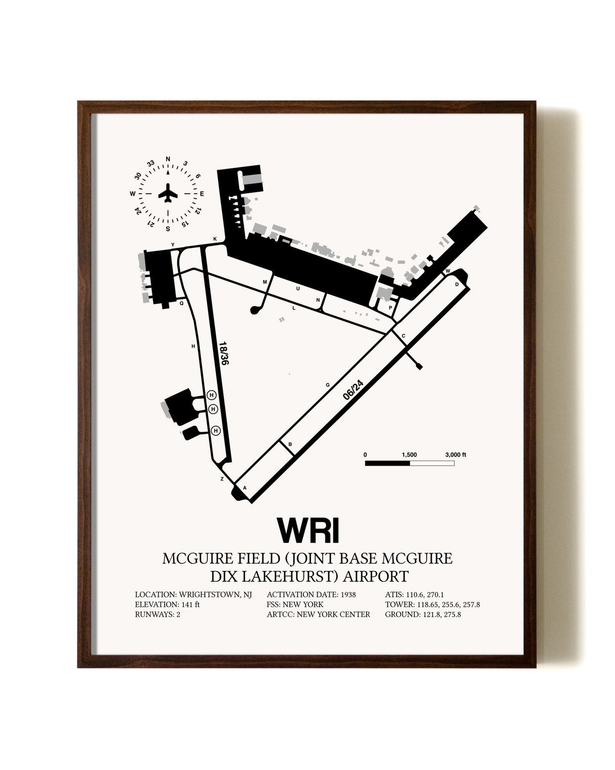 McGuire Field (Joint Base McGuire Dix Lakehurst) Airport aviation print in walnut frame