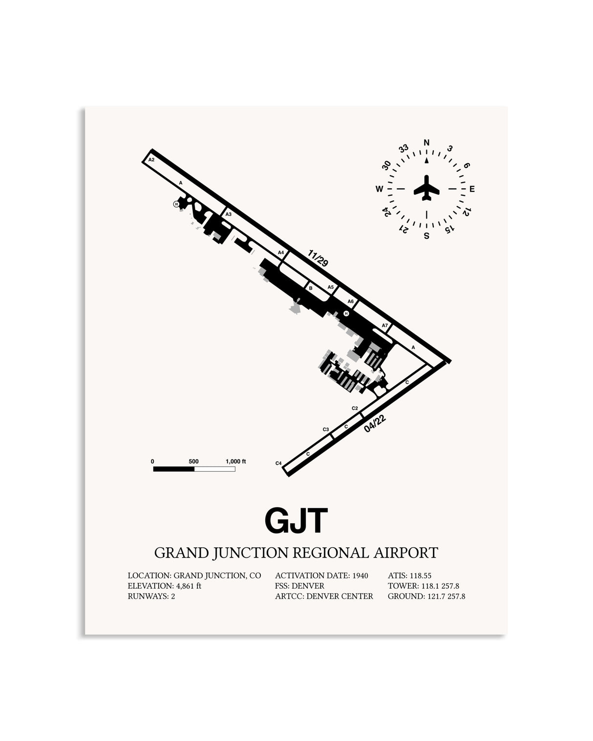 Gray Grand Junction Regional Airport framed poster displayed in an airplane hangar