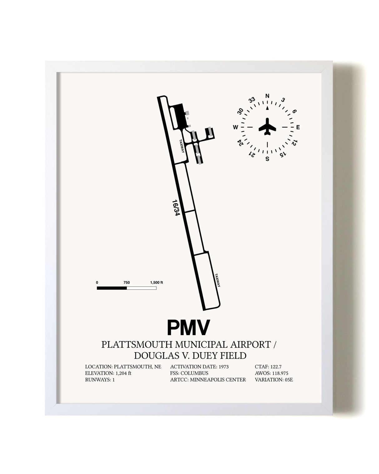 Plattsmouth Municipal Airport / Douglas V. Duey Field airport map poster in oak frame