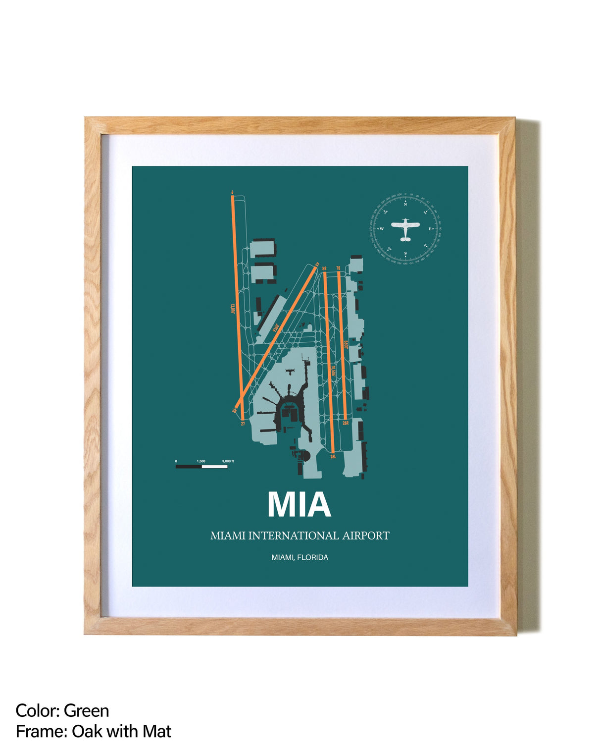 Miami International Airport airport map poster in oak frame with mat