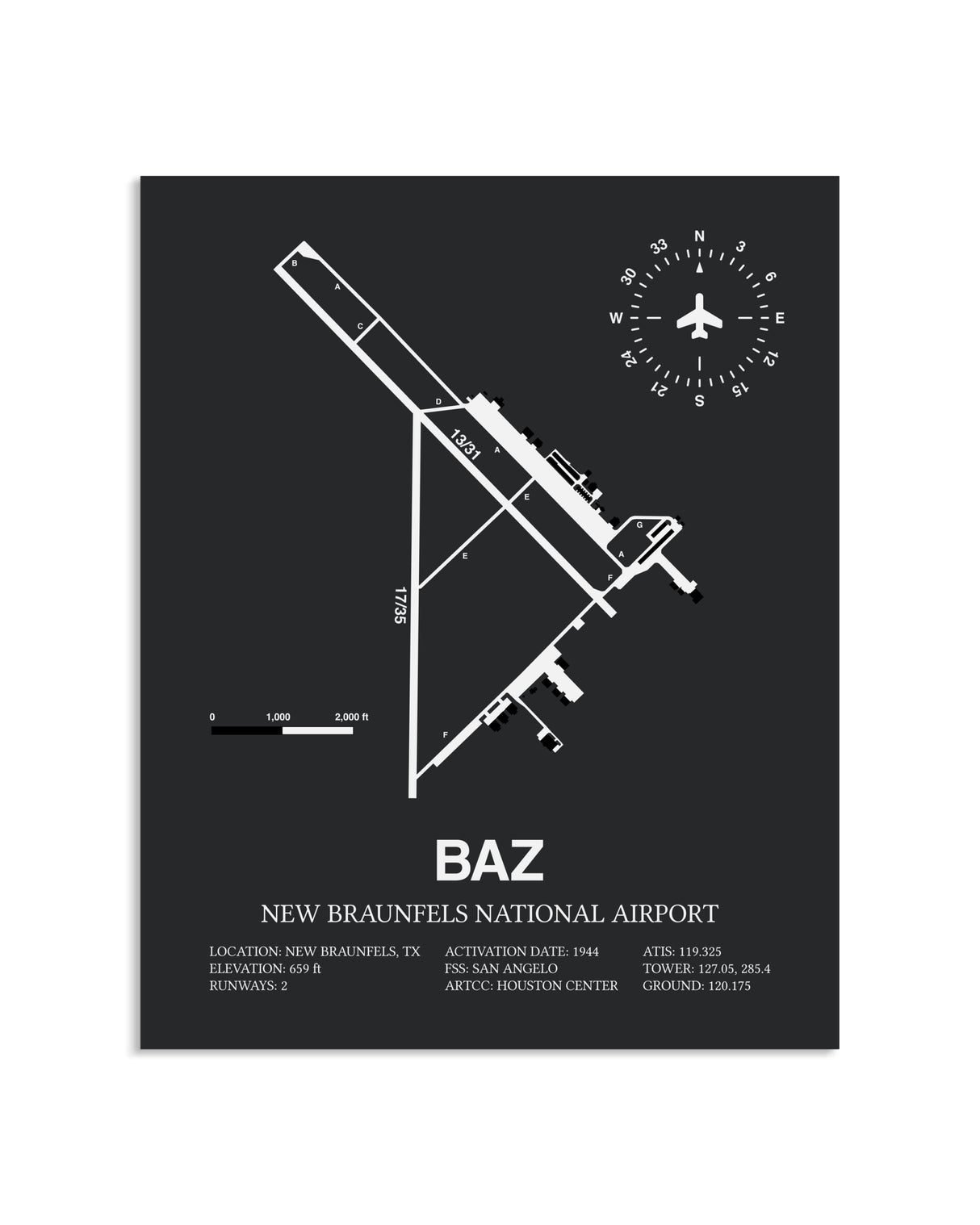 Gray Framed New Braunfels National Airport layout wall art poster