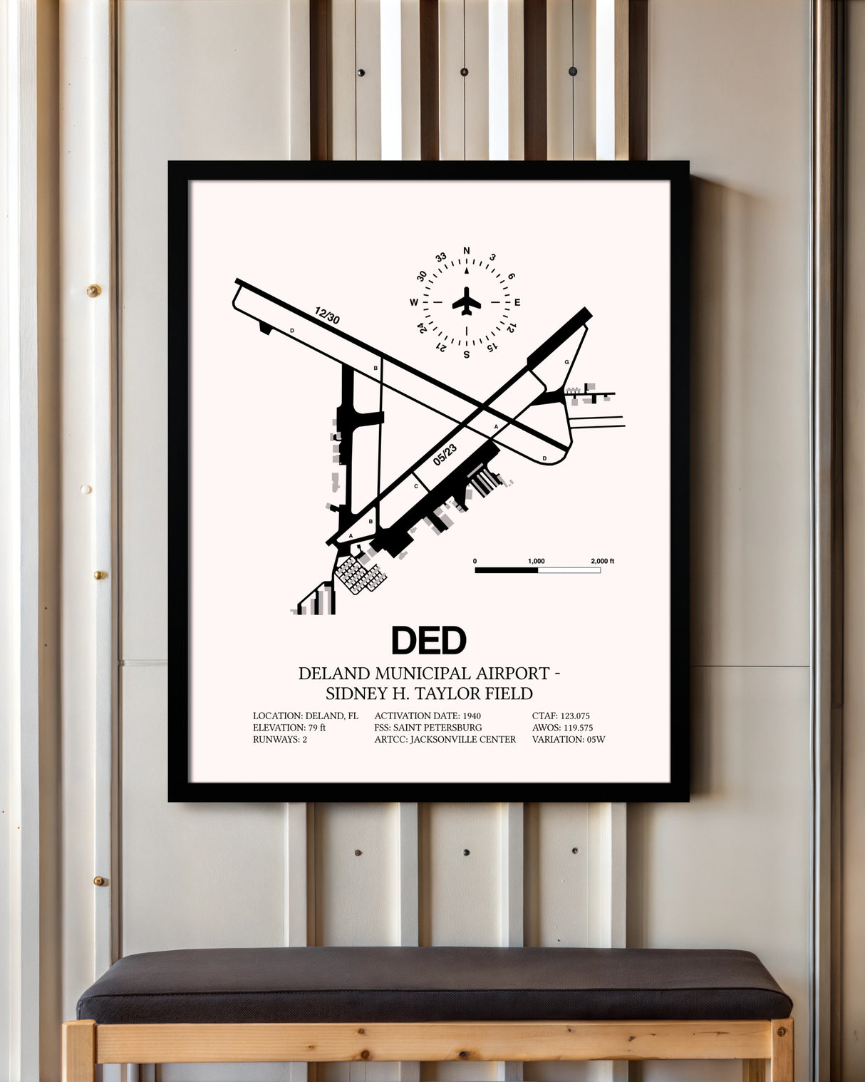 Deland Municipal Airport-Sidney H Taylor Field framed poster displayed in an airplane hangar