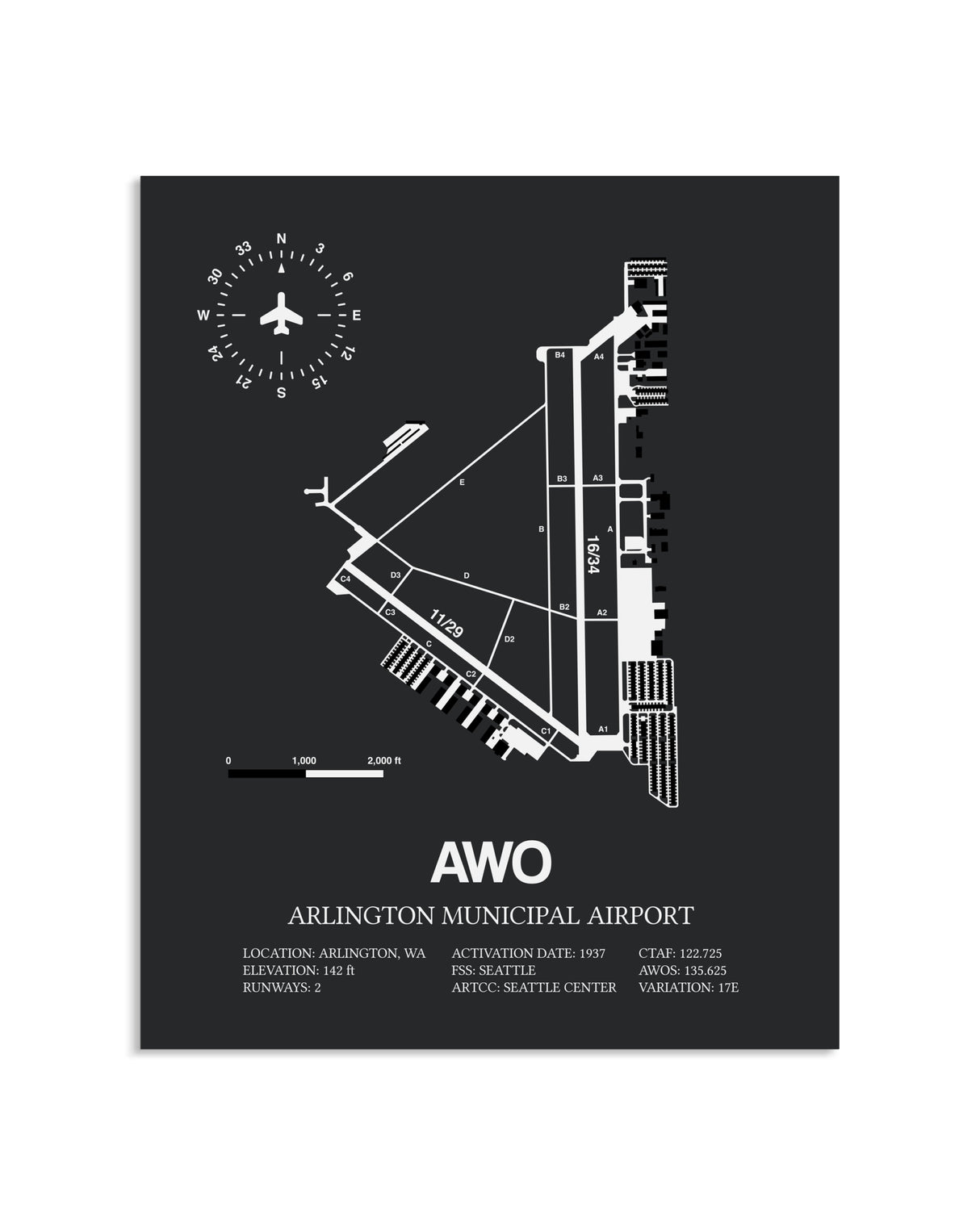 Gray Framed Arlington Municipal Airport layout wall art poster