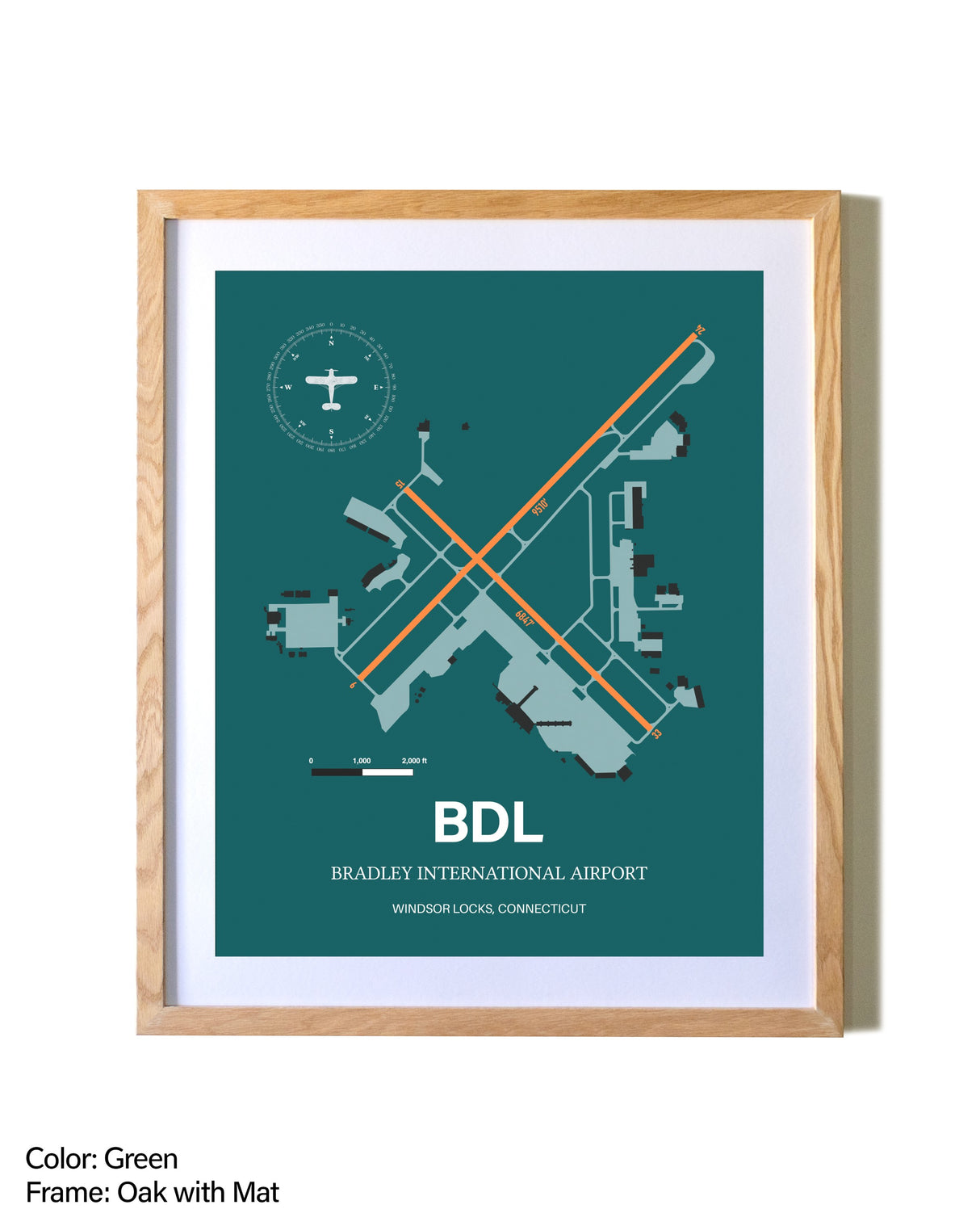 Bradley International Airport airport map poster in oak frame with mat