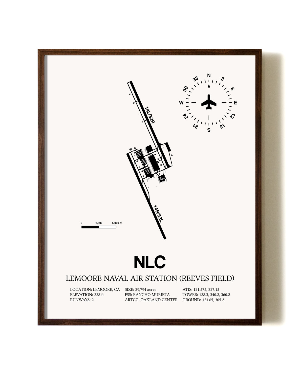 Lemoore Naval Air Station (Reeves Field) aviation print in walnut frame