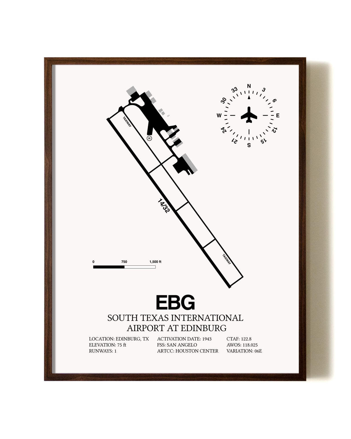 South Texas International Airport At Edinburg aviation print in walnut frame
