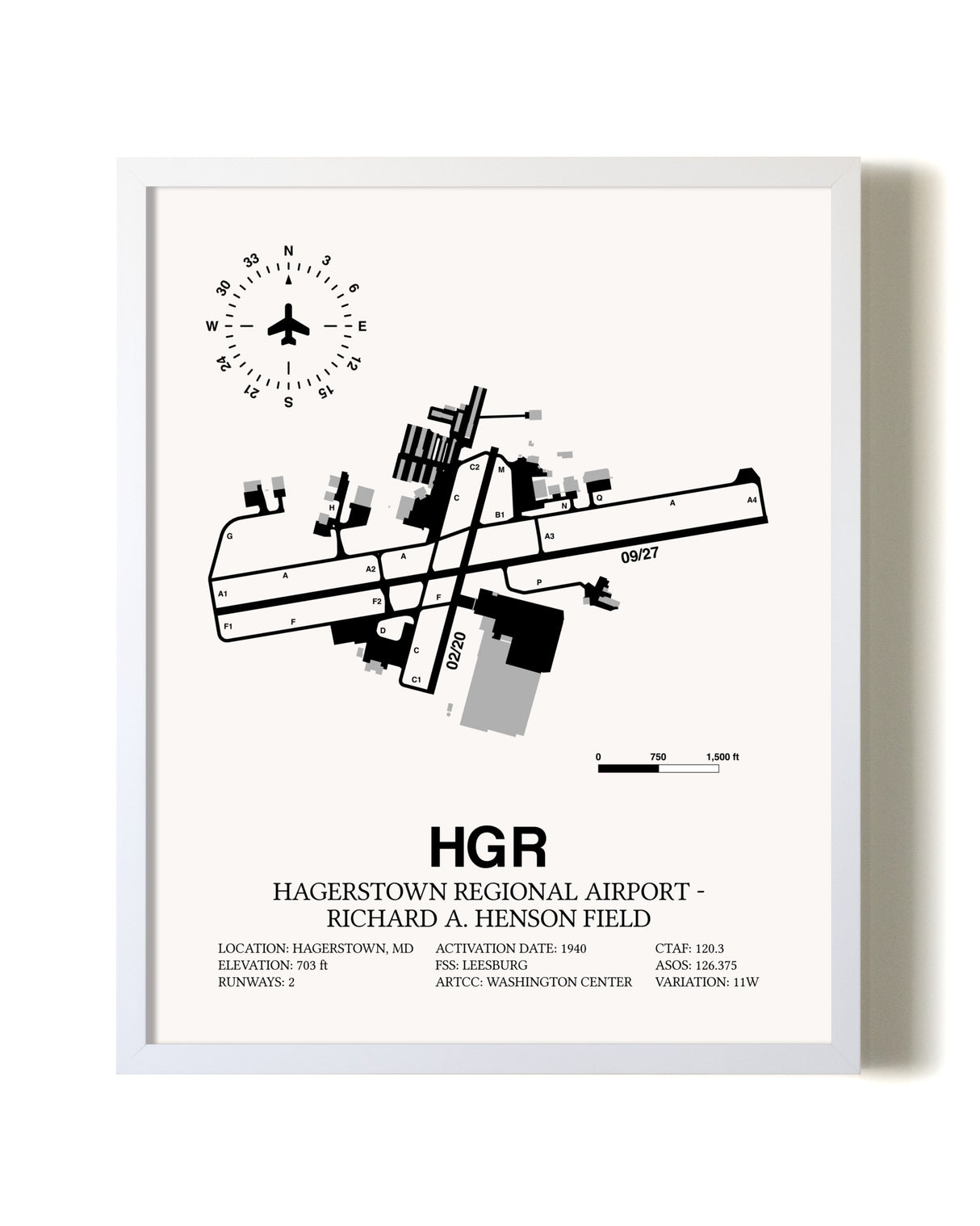 Hagerstown Regional Airport-Richard A. Henson Field airport map poster in oak frame