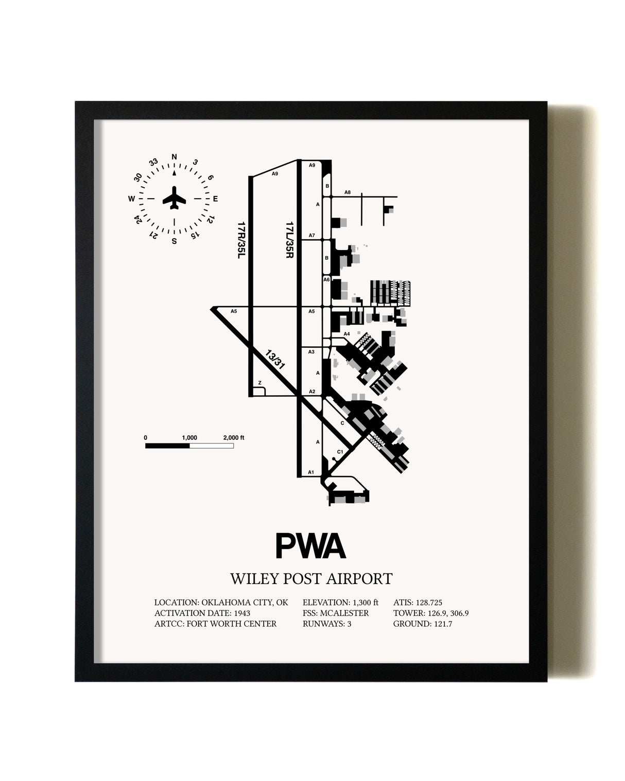 Framed Wiley Post Airport wall art poster in black frame