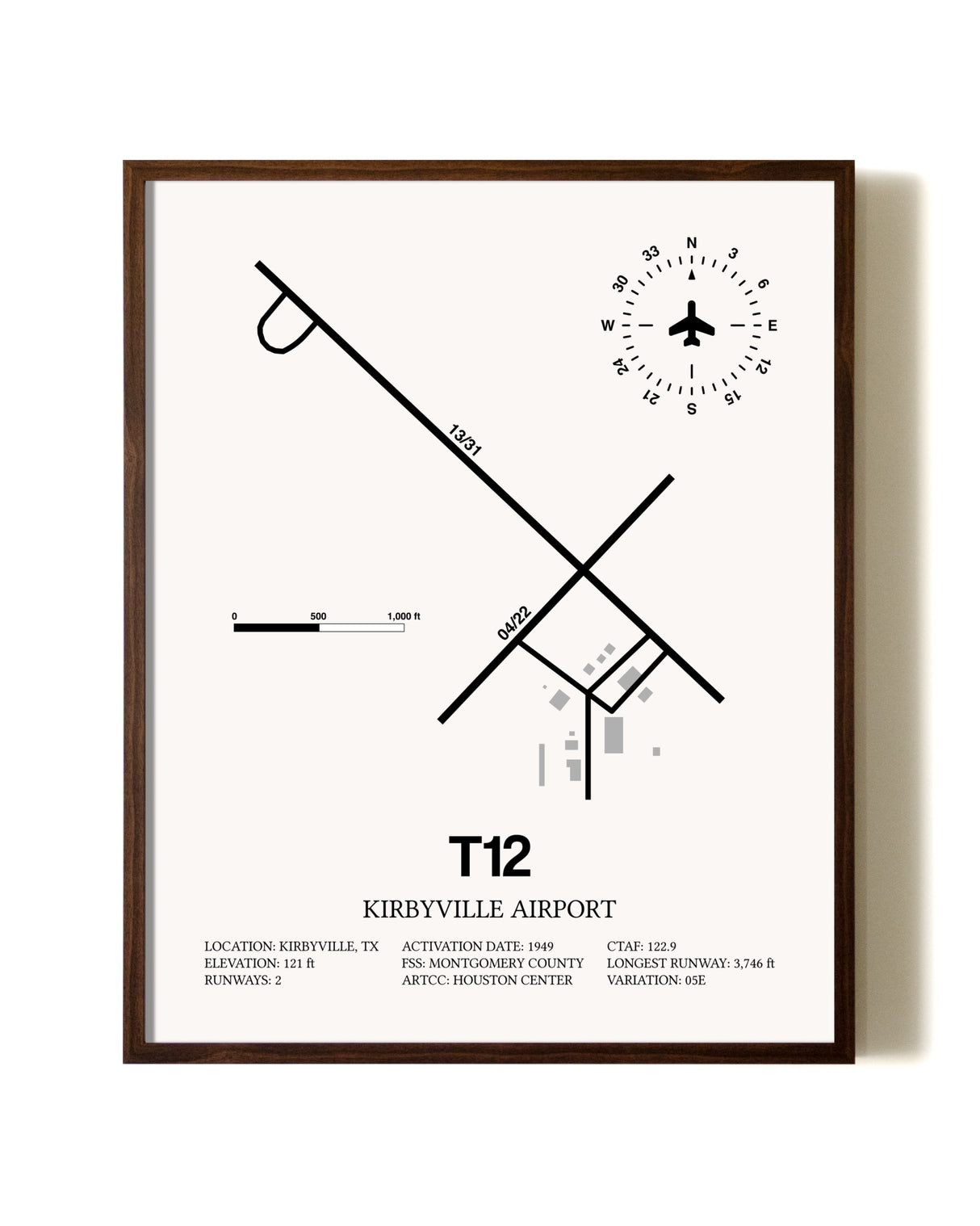 Kirbyville Airport aviation print in walnut frame