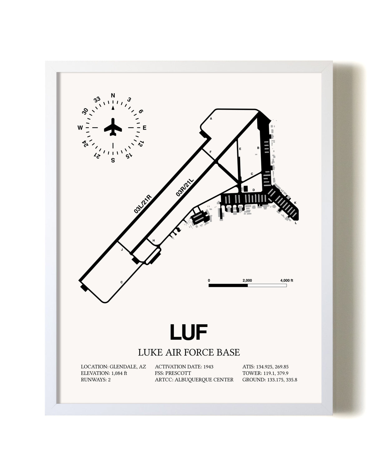 Luke Air Force Base airport map poster in oak frame
