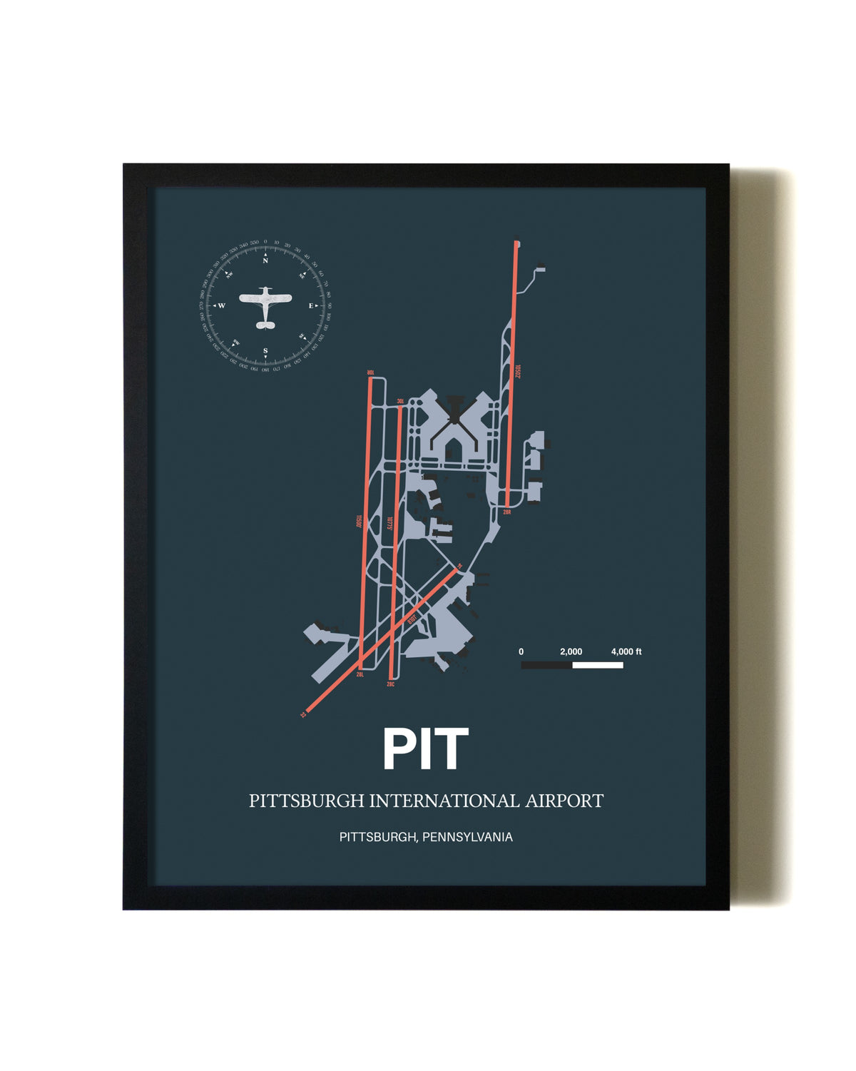 Framed Pittsburgh International Airport wall art poster in black frame