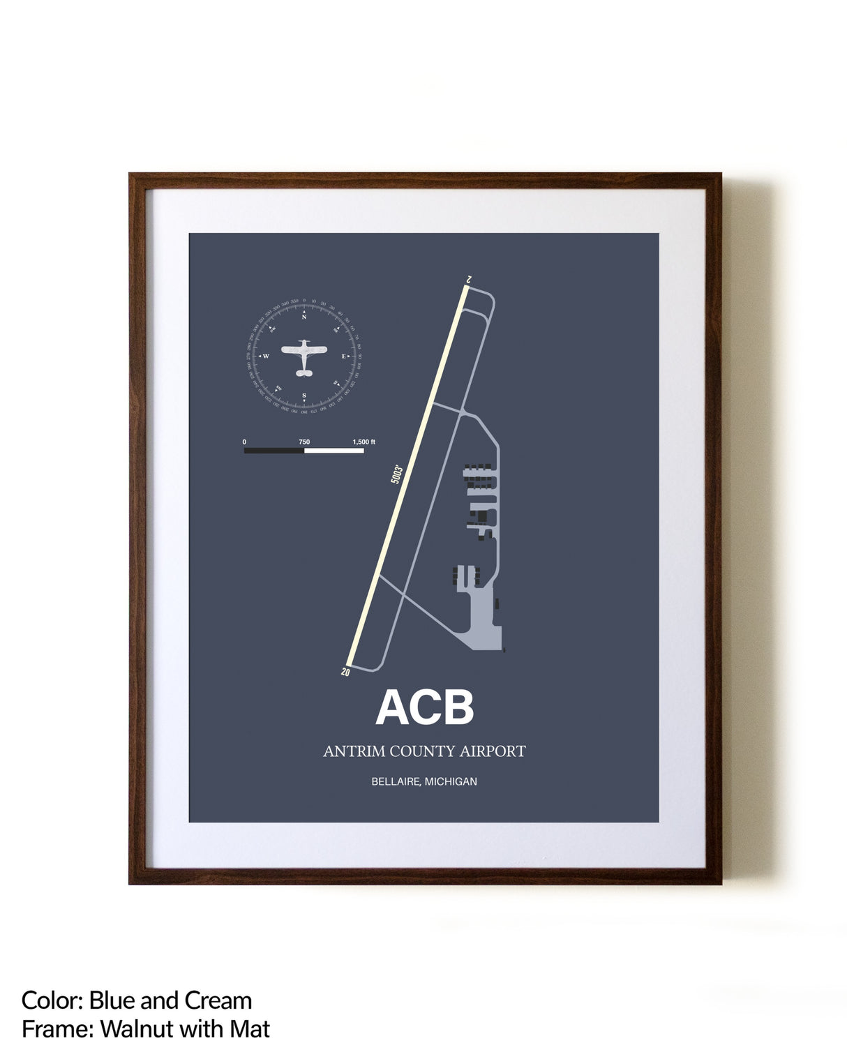 Antrim County Airport aviation print in walnut frame with mat