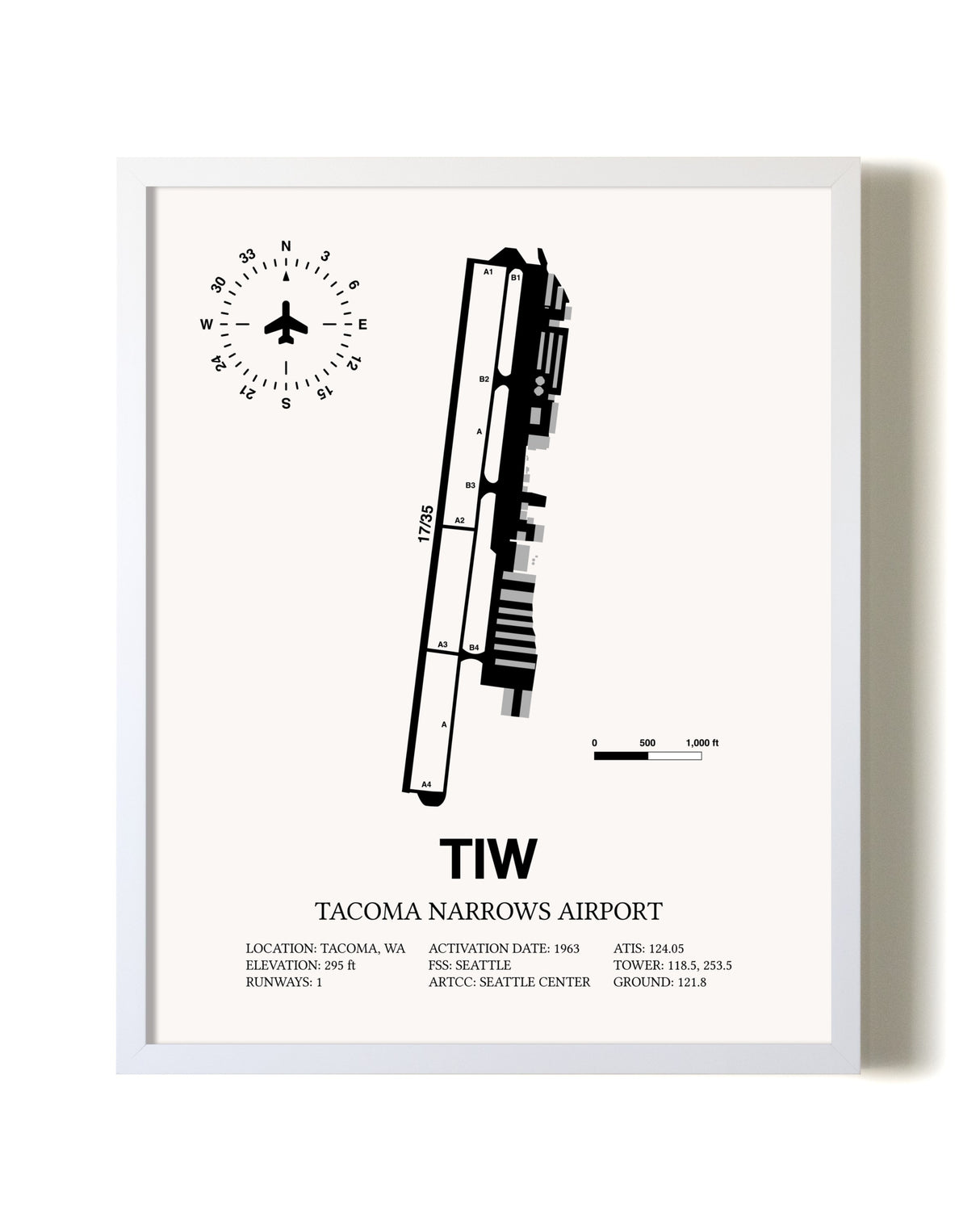 Tacoma Narrows Airport airport map poster in oak frame