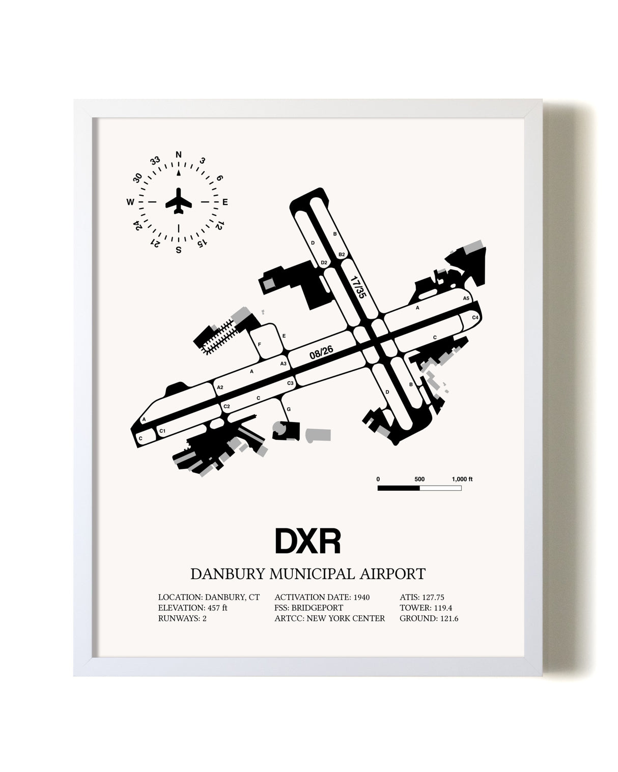 Danbury Municipal Airport airport map poster in oak frame