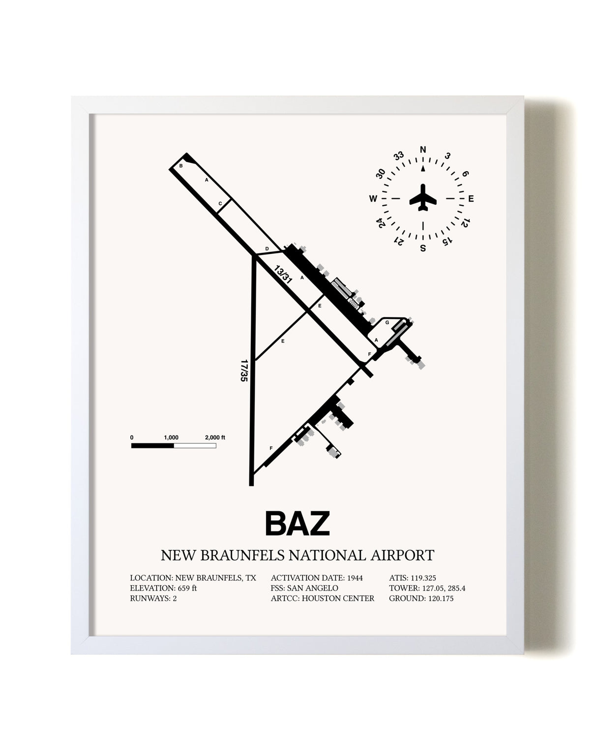 New Braunfels National Airport airport map poster in oak frame