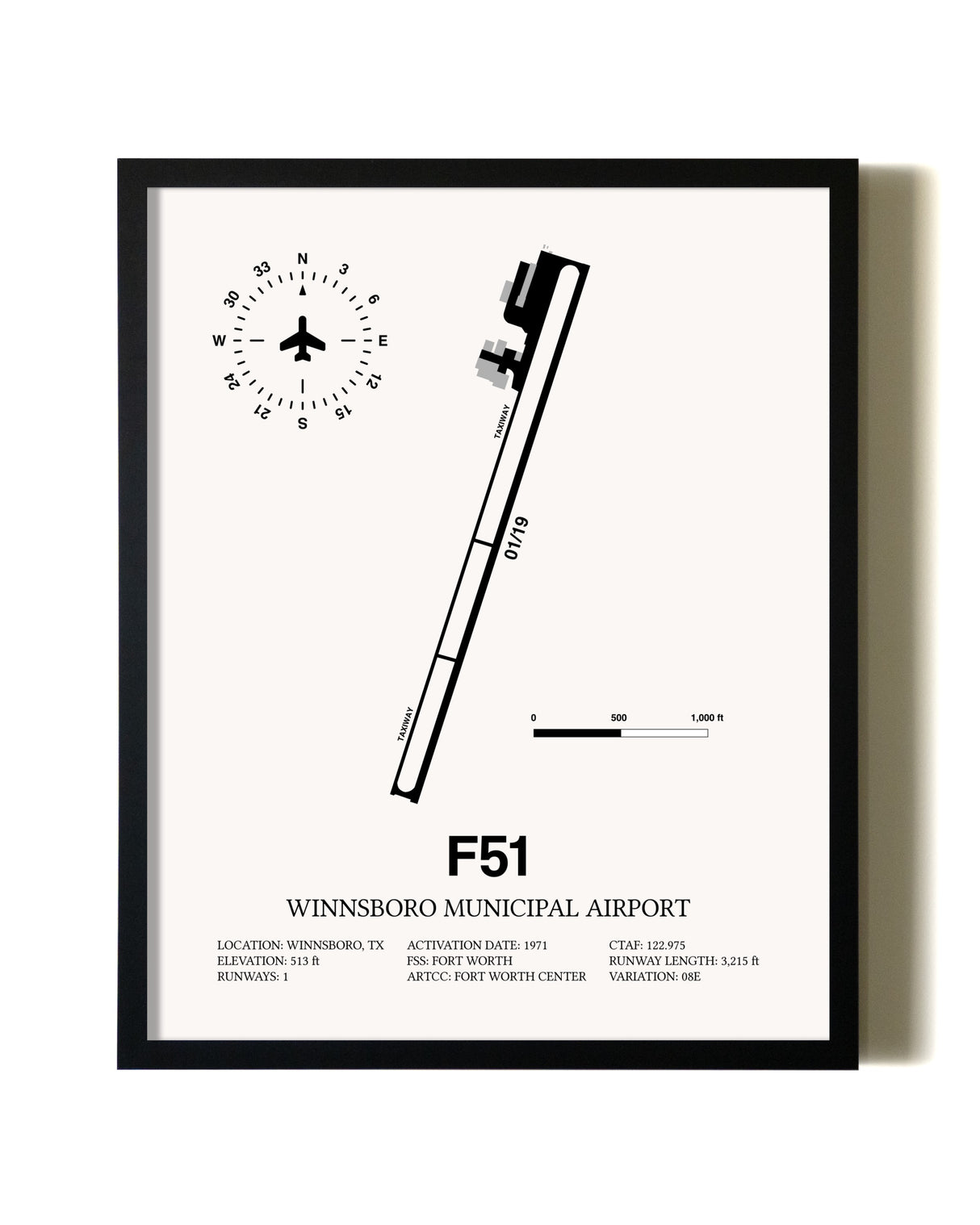 Framed Winnsboro Municipal Airport wall art poster in black frame