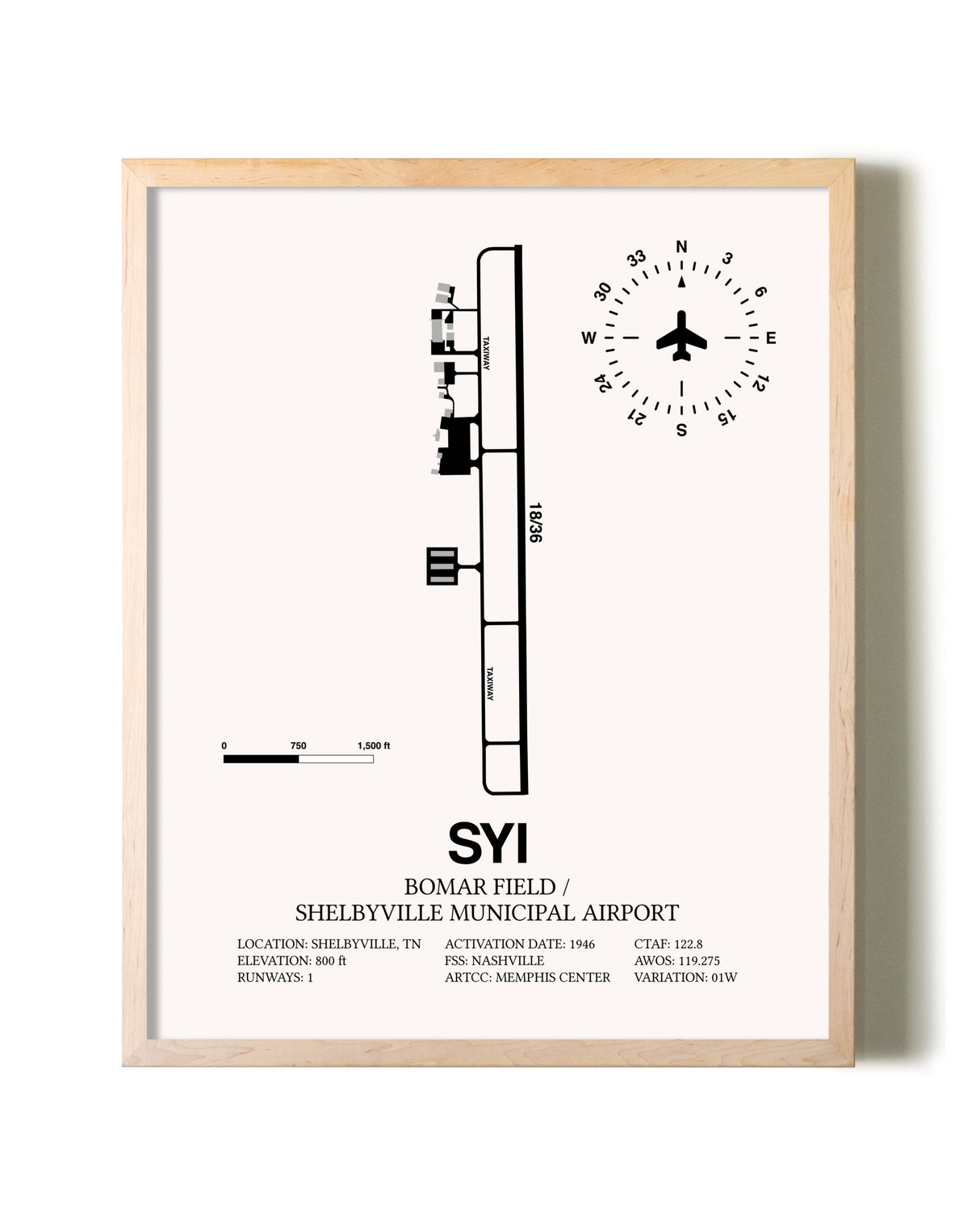 Bomar Field / Shelbyville Municipal Airport framed wall art in white frame